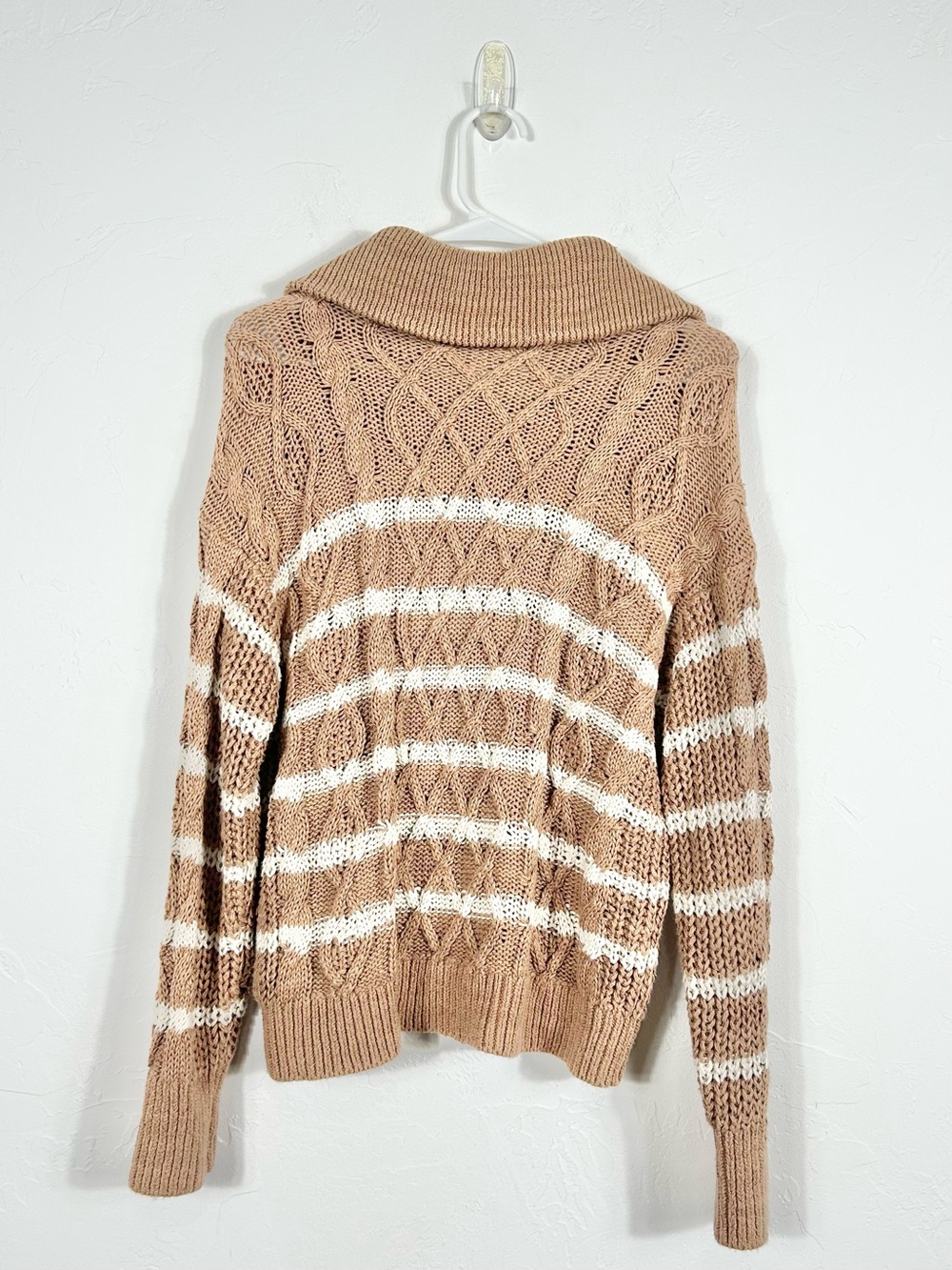 Garnet Hill Linen Blend Cable Knit Striped Collared Henley Sweater Size Medium - Picture 3 of 7